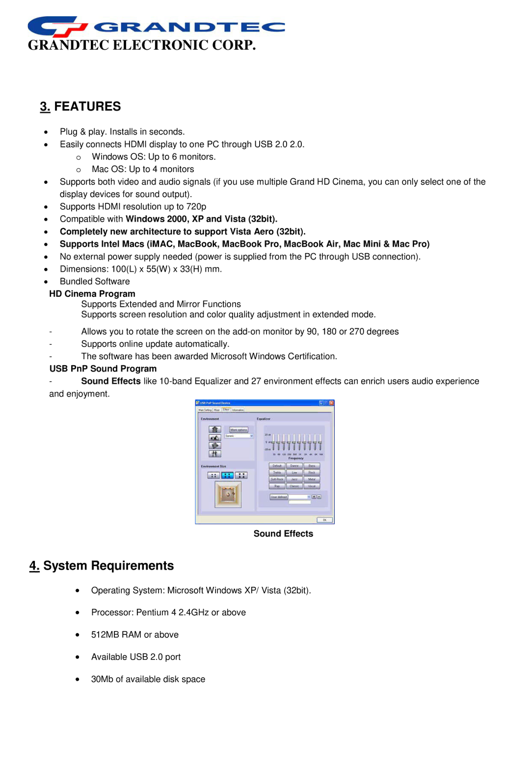 GrandTec GHD-2000 manual Features, HD Cinema Program 