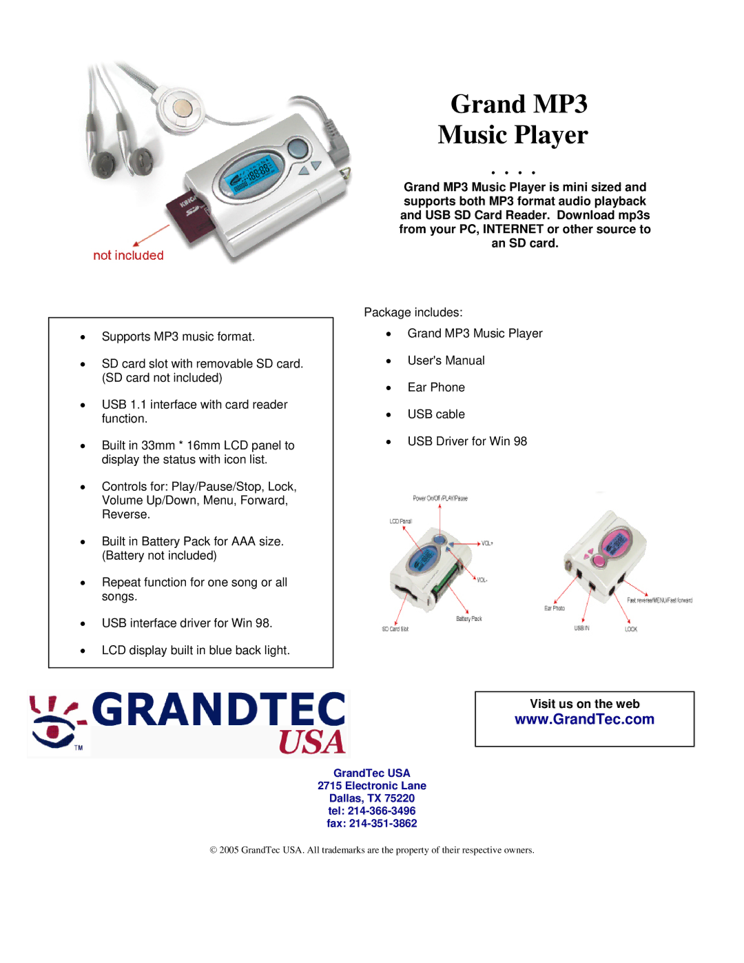 GrandTec Grand MP3 Music Player user manual Visit us on the web 