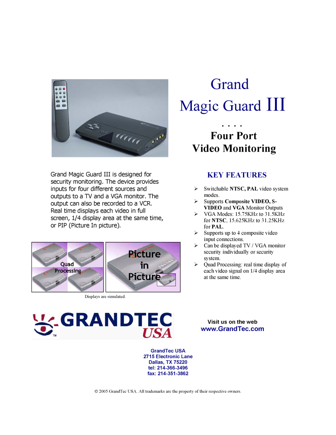 GrandTec III manual Grand Magic Guard, Four Port Video Monitoring, KEY Features, Visit us on the web 