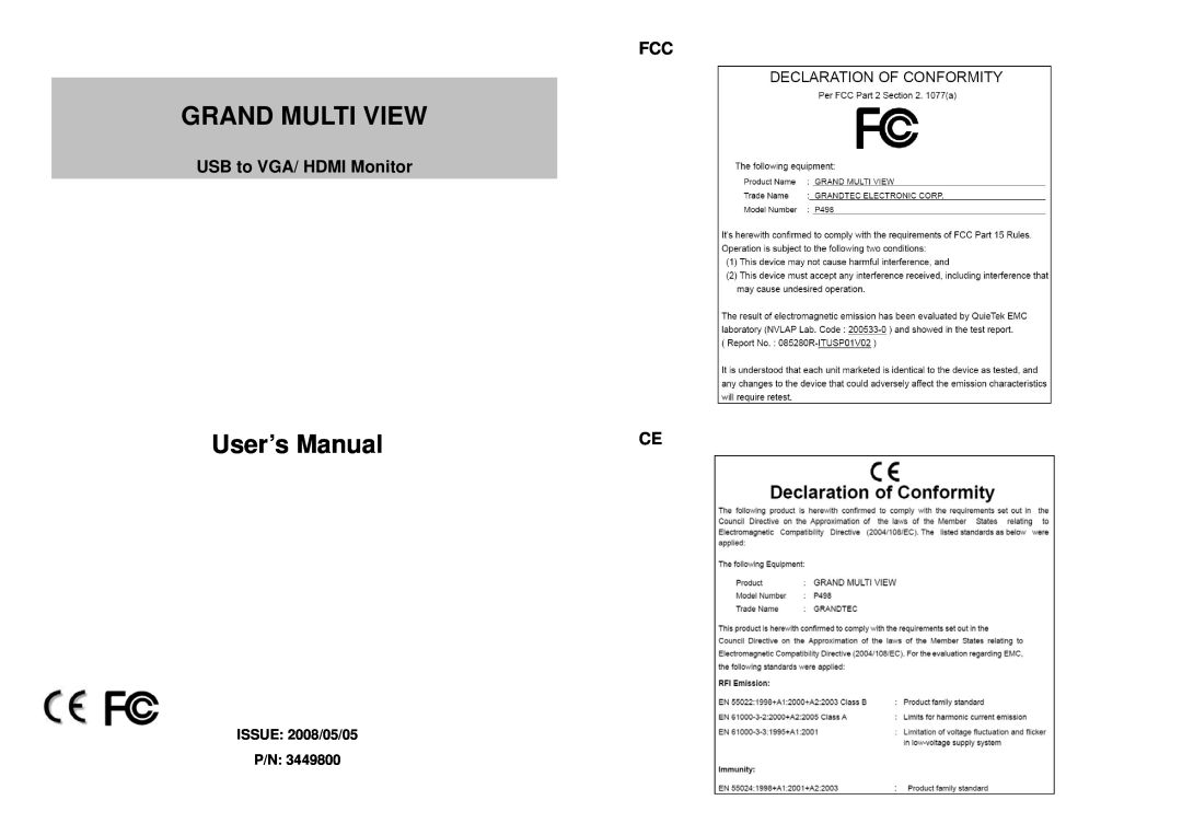 GrandTec P498 user manual USB to VGA/ HDMI Monitor, Grand Multi View, User’s Manual, ISSUE 2008/05/05 P/N 