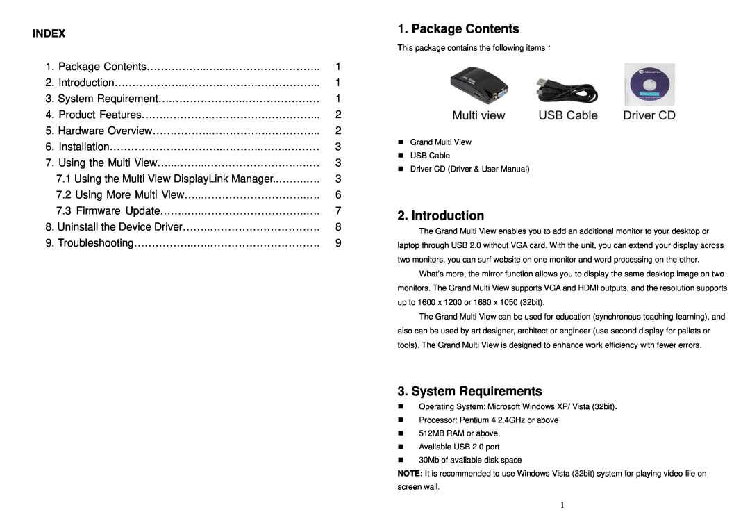 GrandTec P498 user manual Package Contents, Introduction, System Requirements, Index 