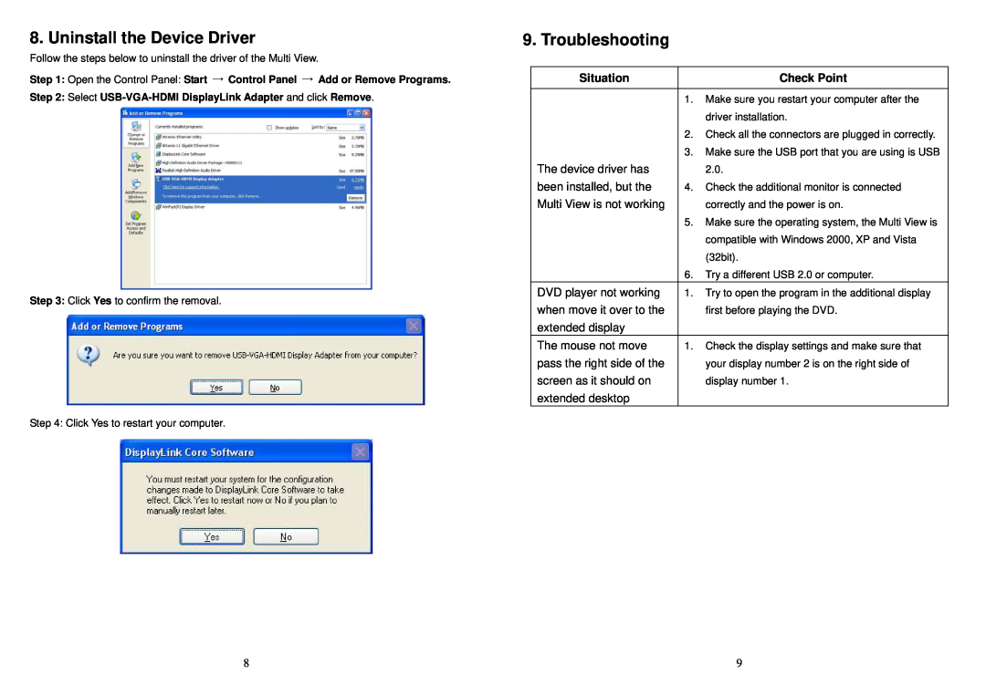 GrandTec P498 user manual Uninstall the Device Driver, Troubleshooting, Situation, Check Point 