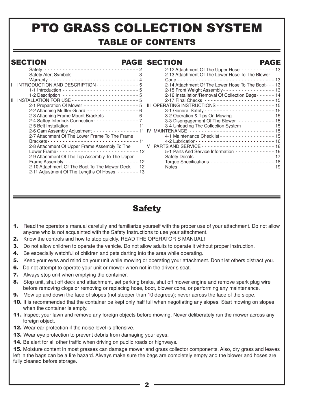 Gravely 12031301, 12031302 manual PTO Grass Collection System, Table of Contents 