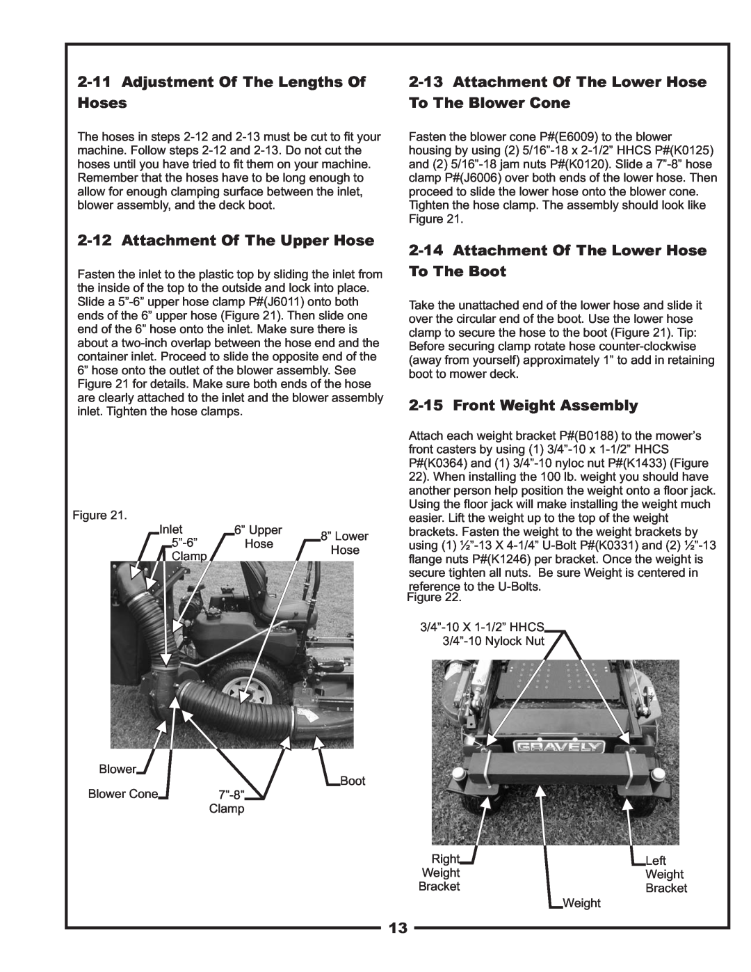 Gravely 12031301, 12031302 manual Adjustment Of The Lengths Of Hoses, Attachment Of The Upper Hose, Front Weight Assembly 