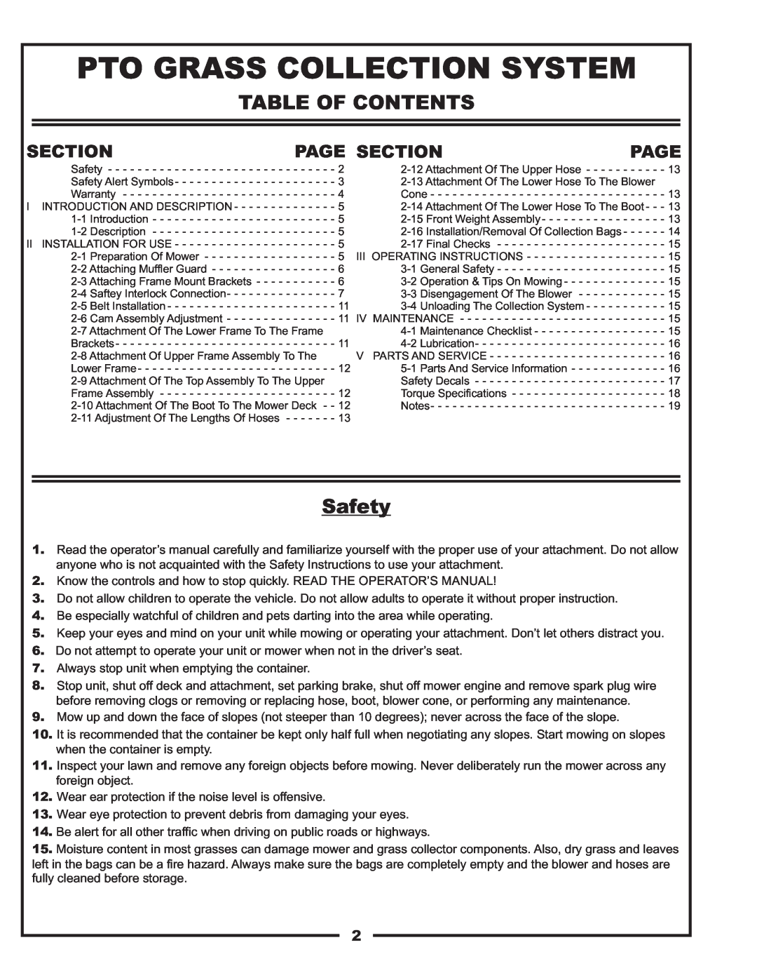 Gravely 12031301, 12031302 manual Pto Grass Collection System, Table Of Contents, Safety, Page Section 