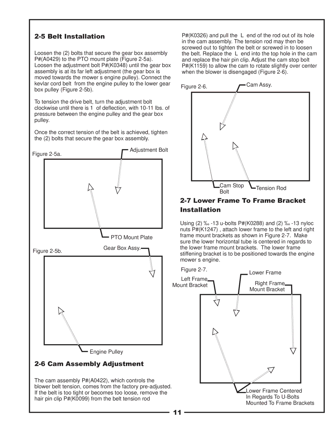 Gravely 12031303 manual Belt Installation, Lower Frame To Frame Bracket Installation, Cam Assembly Adjustment 