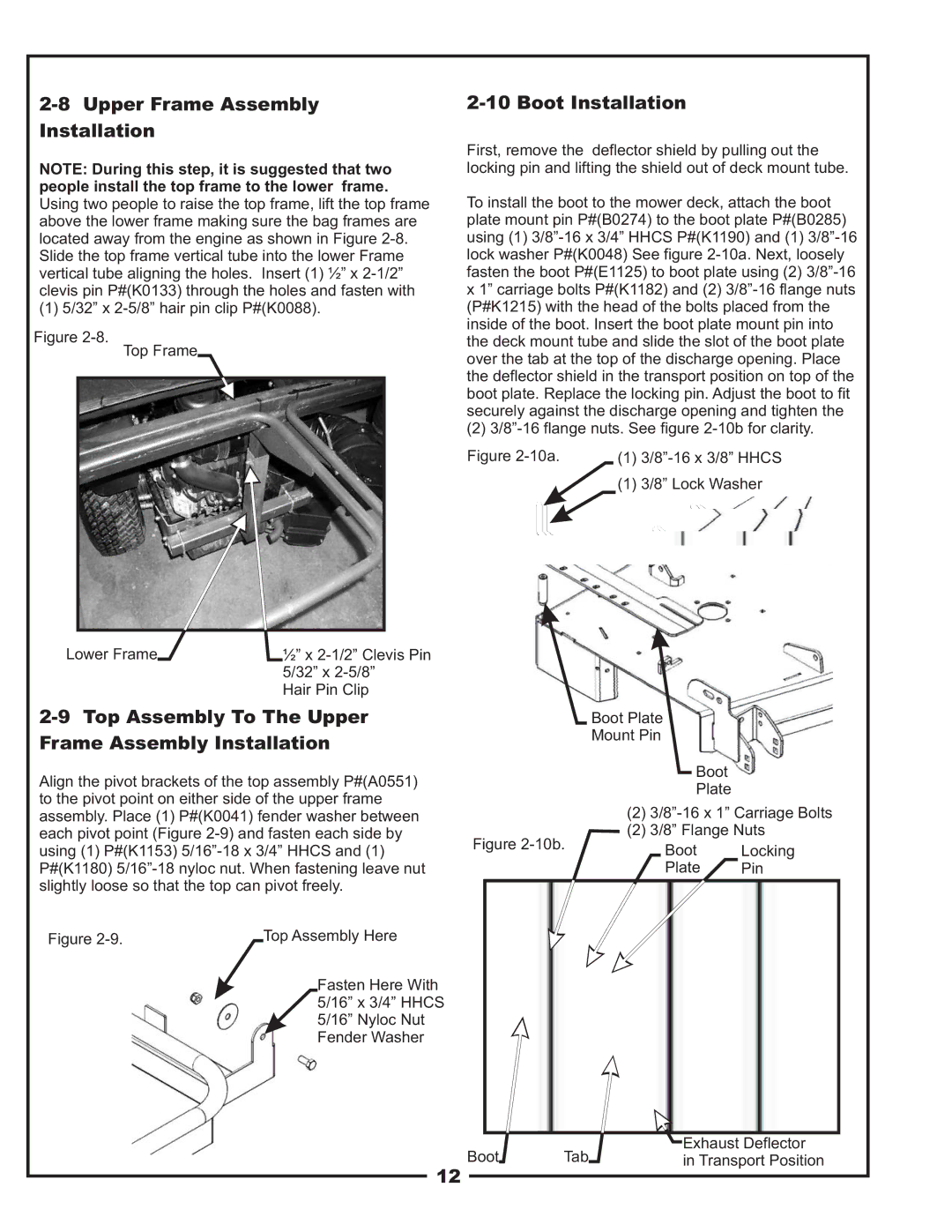 Gravely 12031303 manual Upper Frame Assembly Installation, Boot Installation, Top Assembly To The Upper 