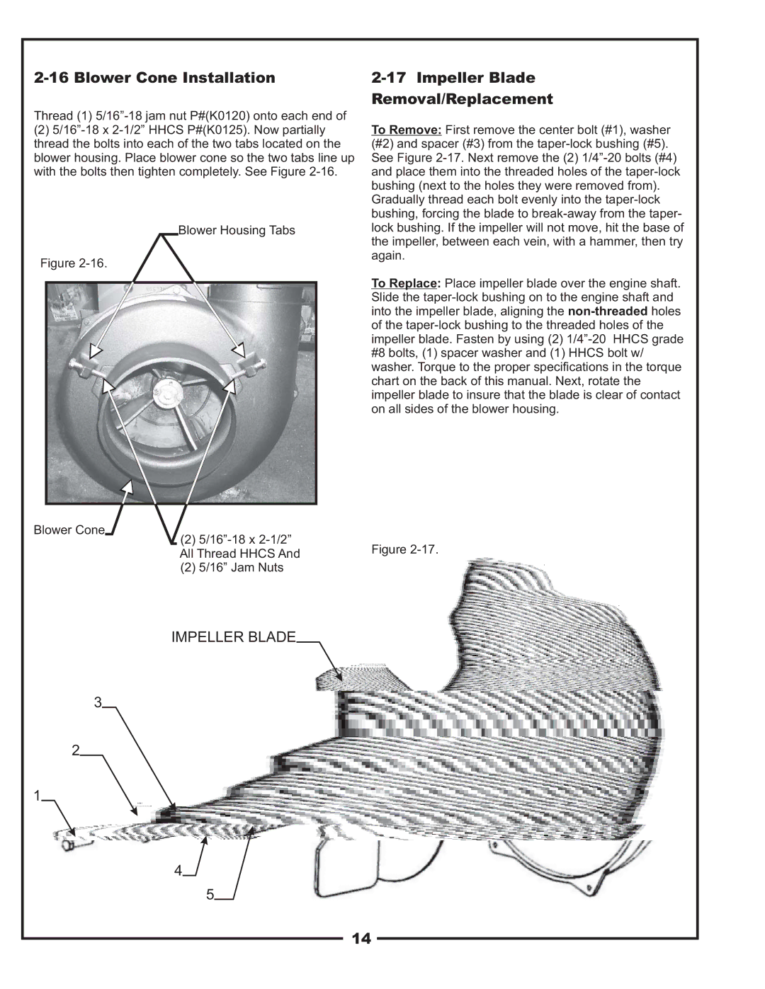 Gravely 12031303 manual Blower Cone Installation, Impeller Blade Removal/Replacement 