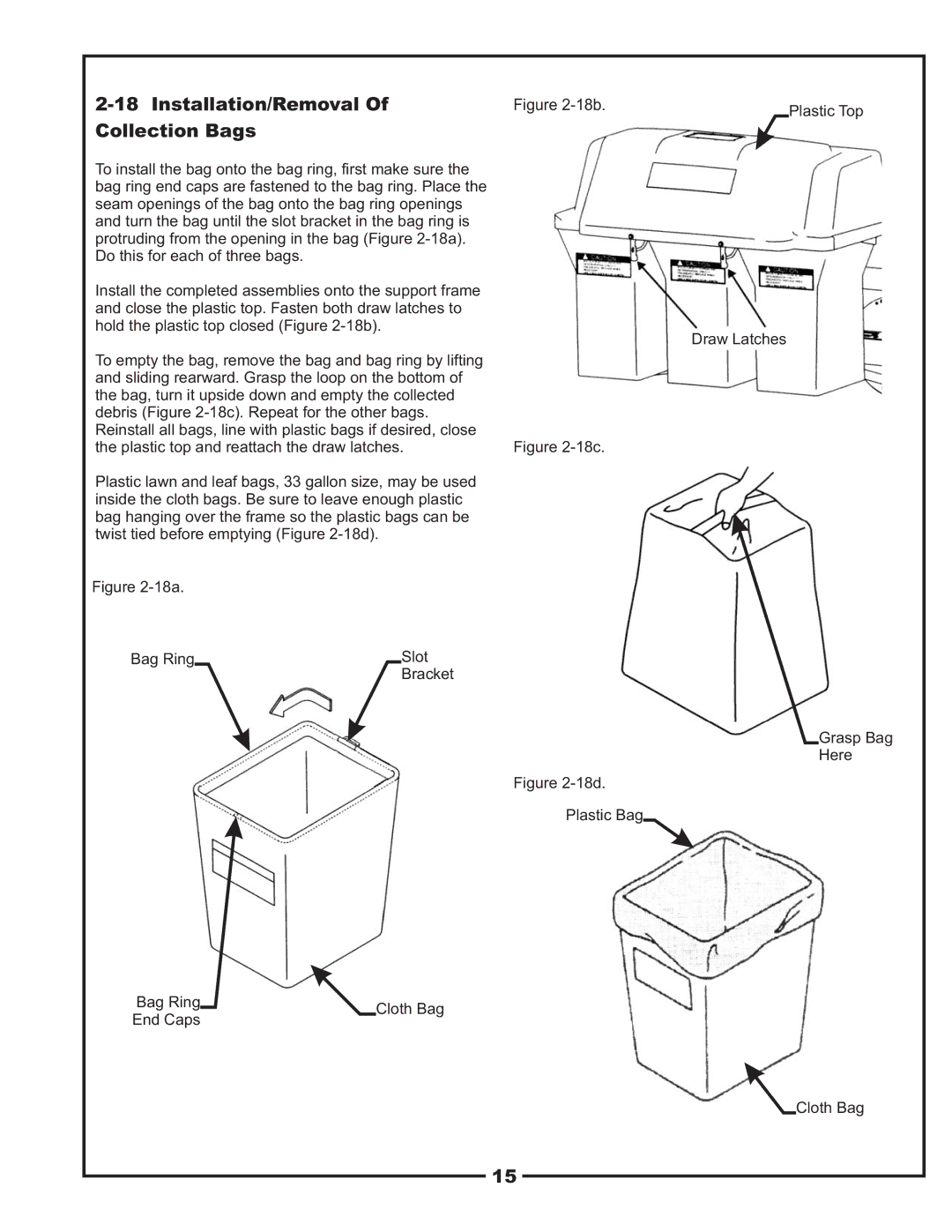 Gravely 12031303 manual Installation/Removal, Collection Bags 