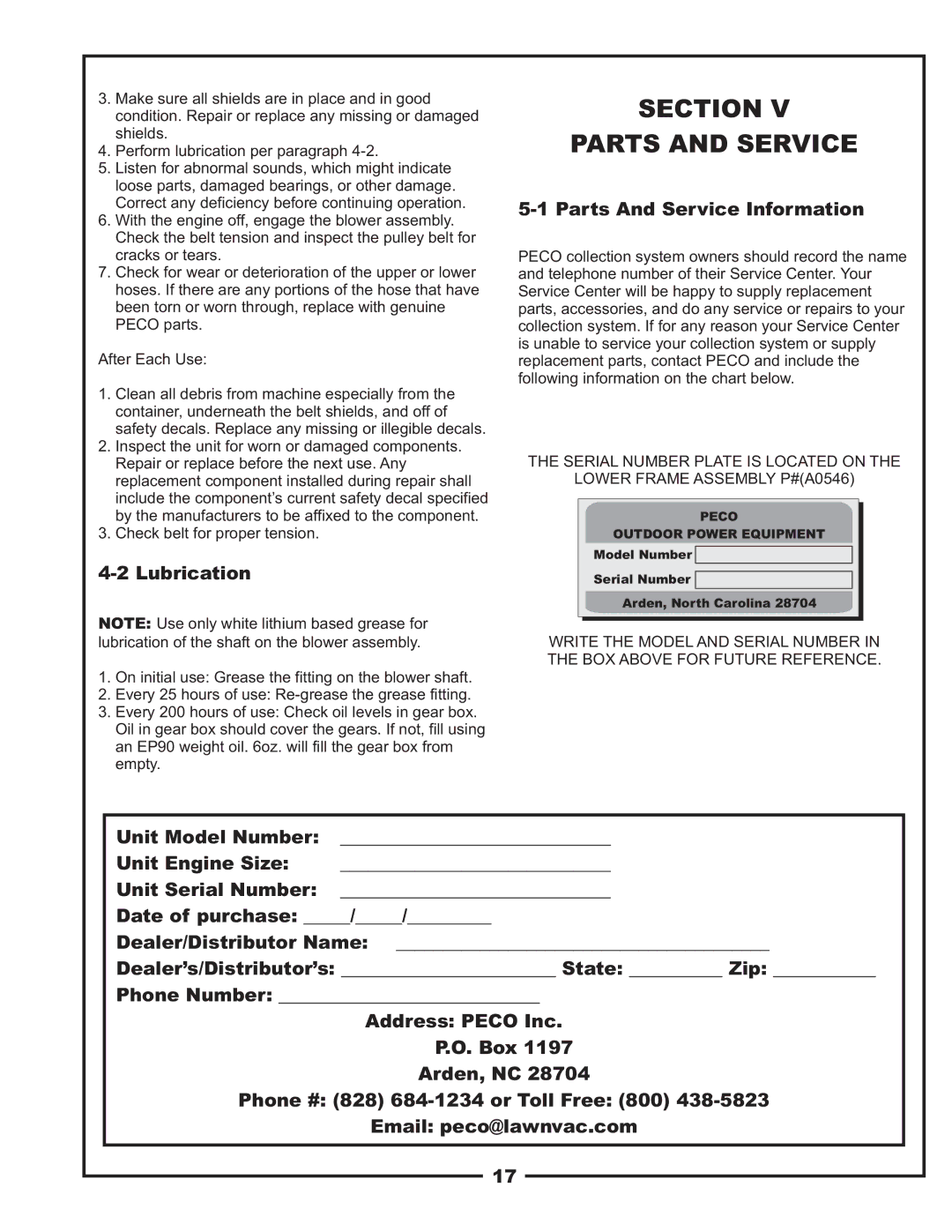 Gravely 12031303 manual Section Parts and Service, Lubrication, Parts And Service Information 