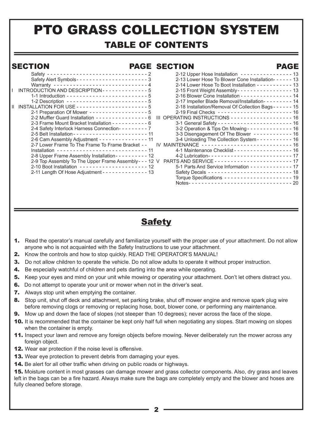 Gravely 12031303 manual PTO Grass Collection System, Table of Contents 