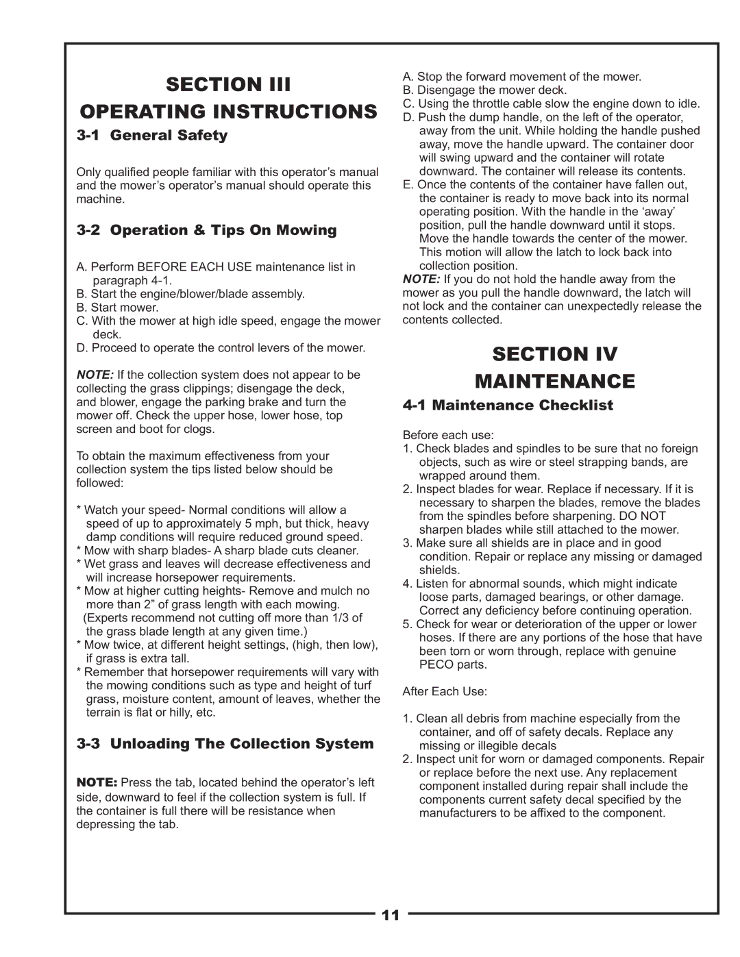 Gravely 12621209-12 manual Section Operating Instructions, Section Maintenance 