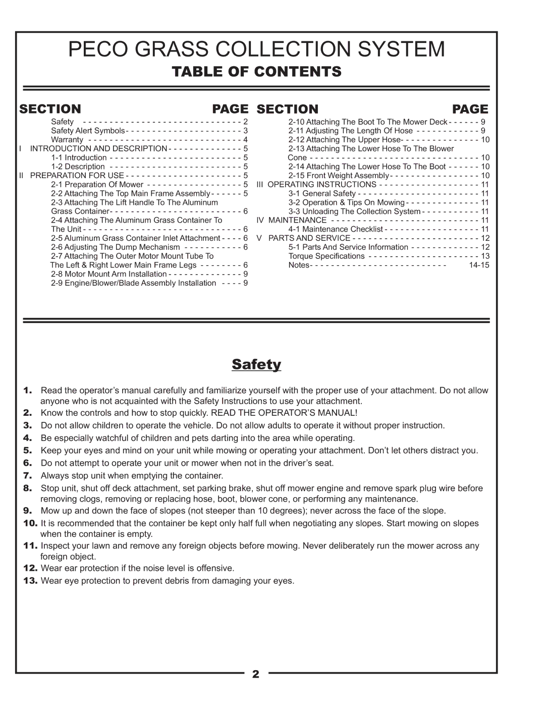 Gravely 12621209-12 manual Peco Grass Collection System, Table of Contents 