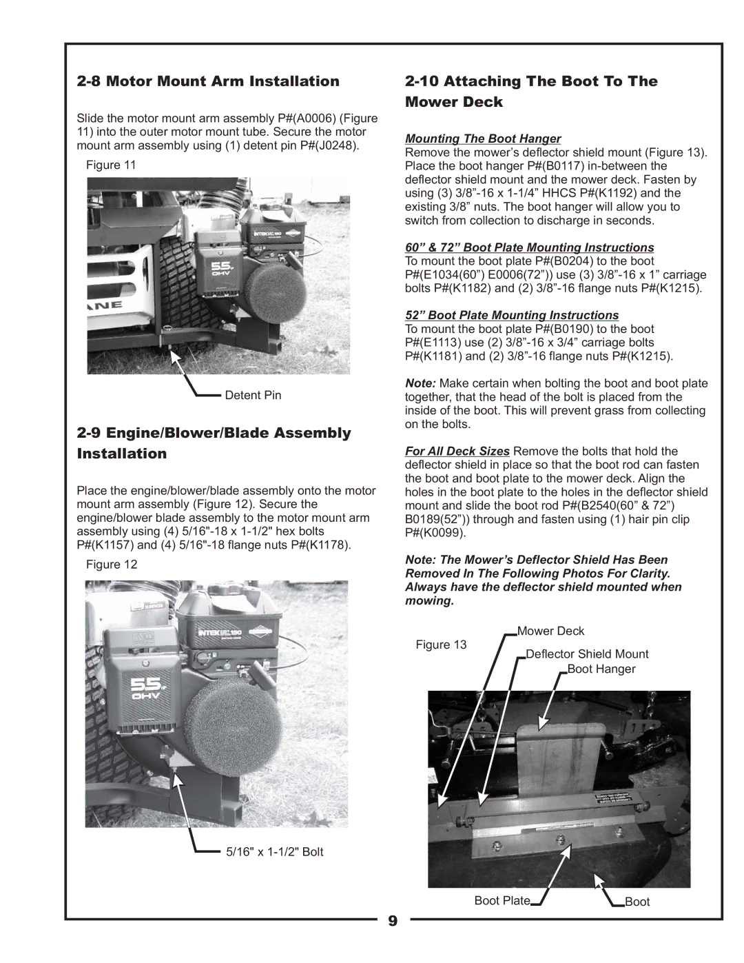 Gravely 12621209-12 manual Motor Mount Arm Installation, Engine/Blower/Blade Assembly Installation 