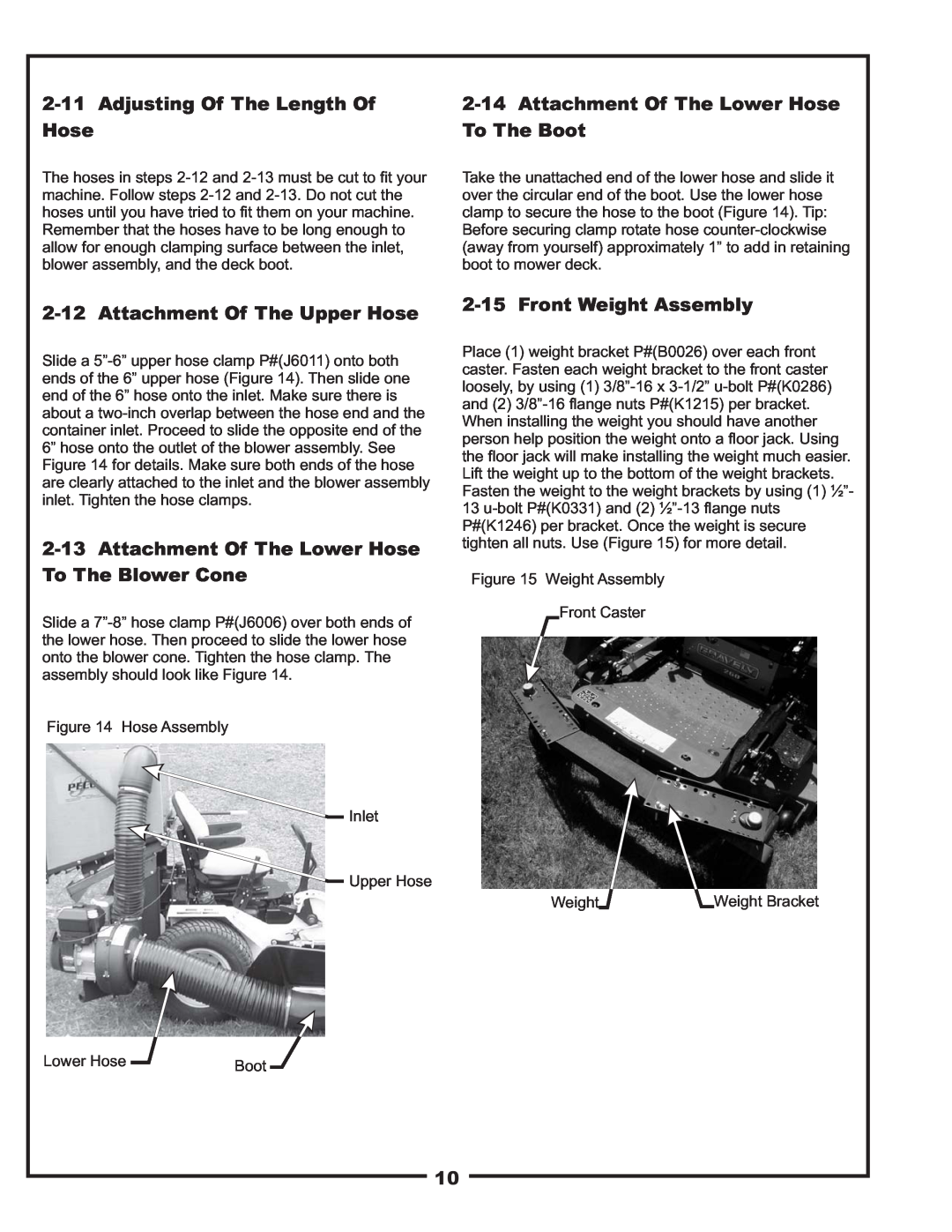 Gravely 12621209-12 manual Adjusting Of The Length Of Hose, Attachment Of The Lower Hose To The Boot, Front Weight Assembly 