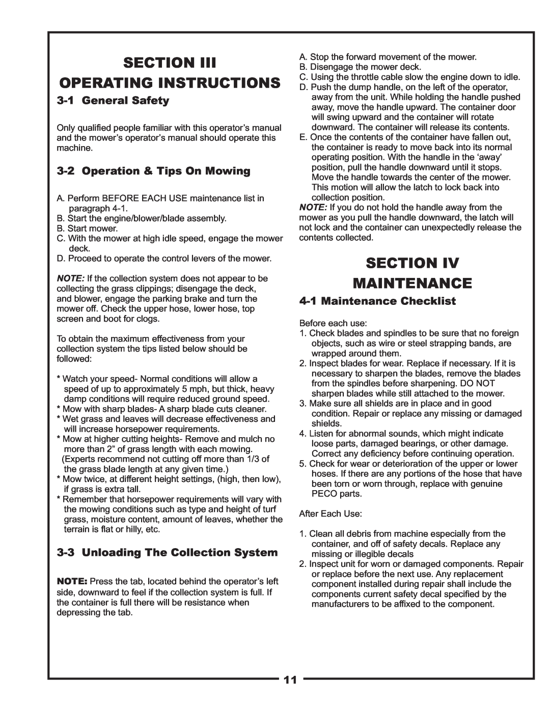 Gravely 12621209-12 manual Section Operating Instructions, Section Maintenance, General Safety, Operation & Tips On Mowing 