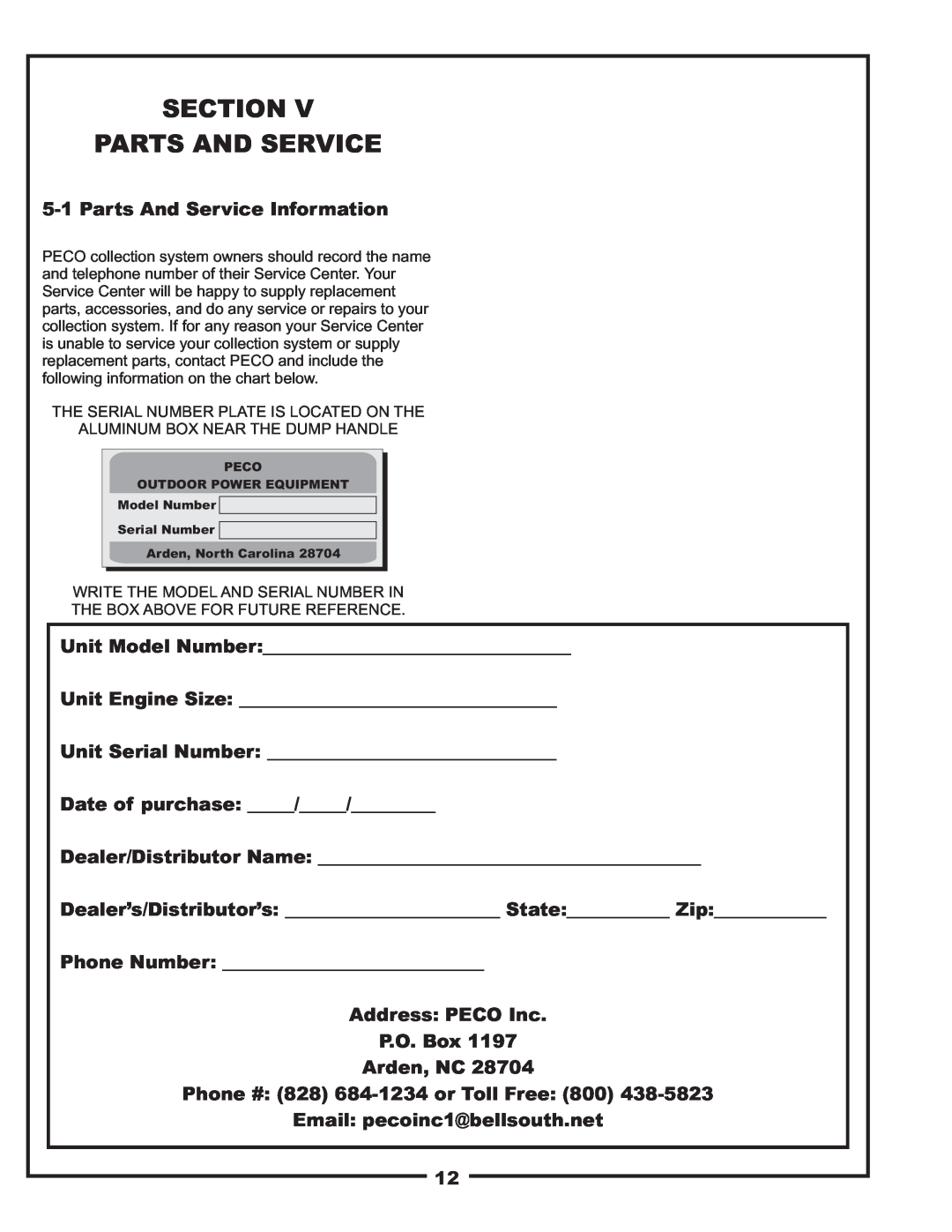 Gravely 12621209-12 Section Parts And Service, Parts And Service Information, Date of purchase Dealer/Distributor Name 