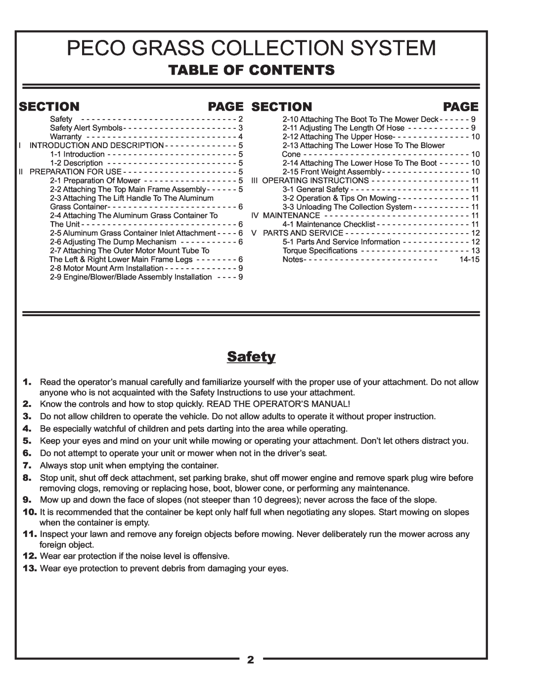 Gravely 12621209-12 manual Peco Grass Collection System, Table Of Contents, Safety, Page Section 