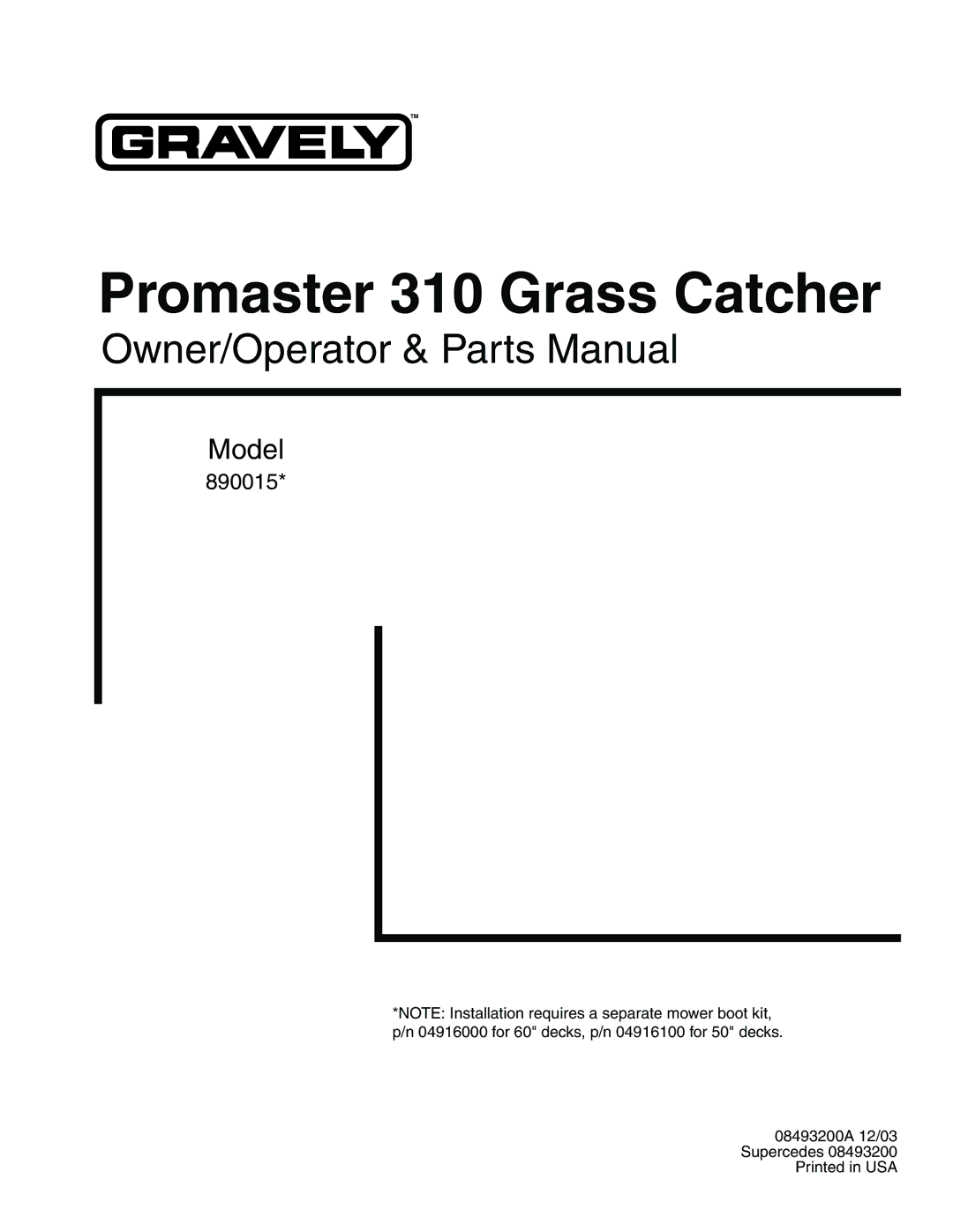 Gravely 890015* manual Promaster 310 Grass Catcher 