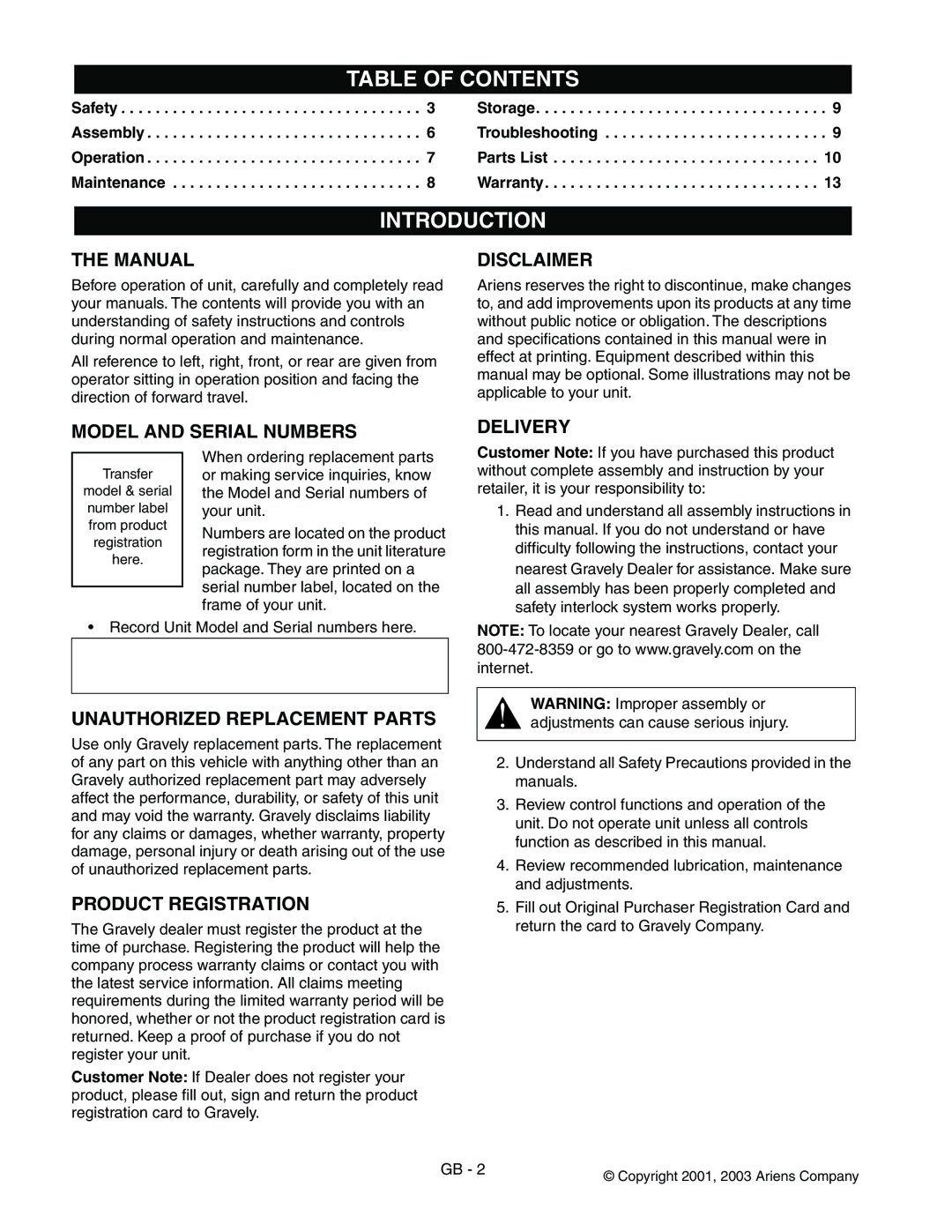 Gravely 890015* manual Table of Contents, Introduction 