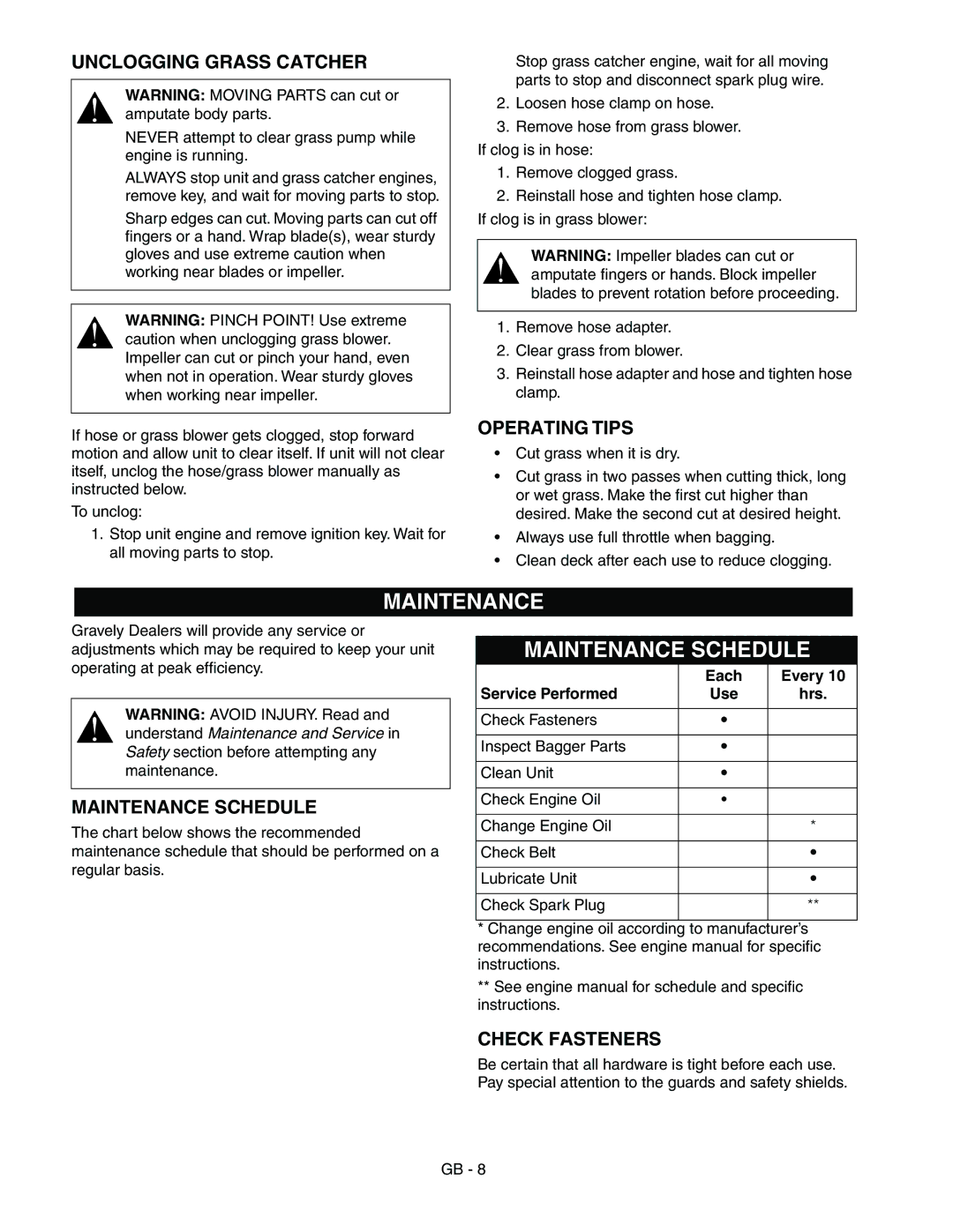 Gravely 890015* manual Maintenance Schedule 