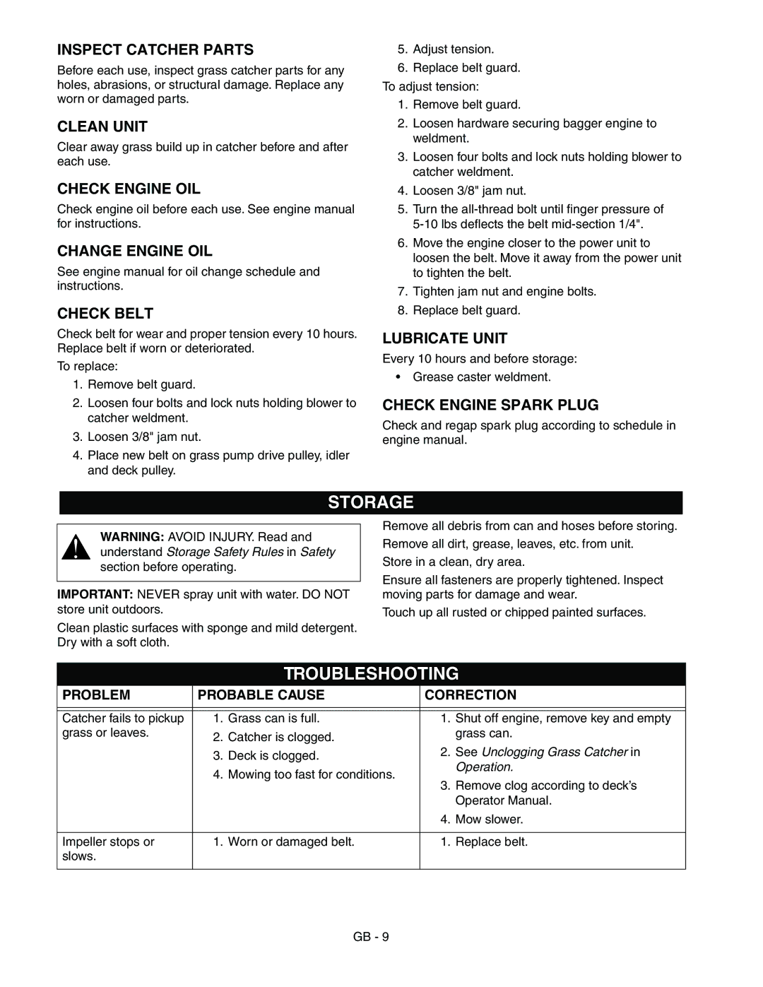Gravely 890015* manual Storage, Troubleshooting 