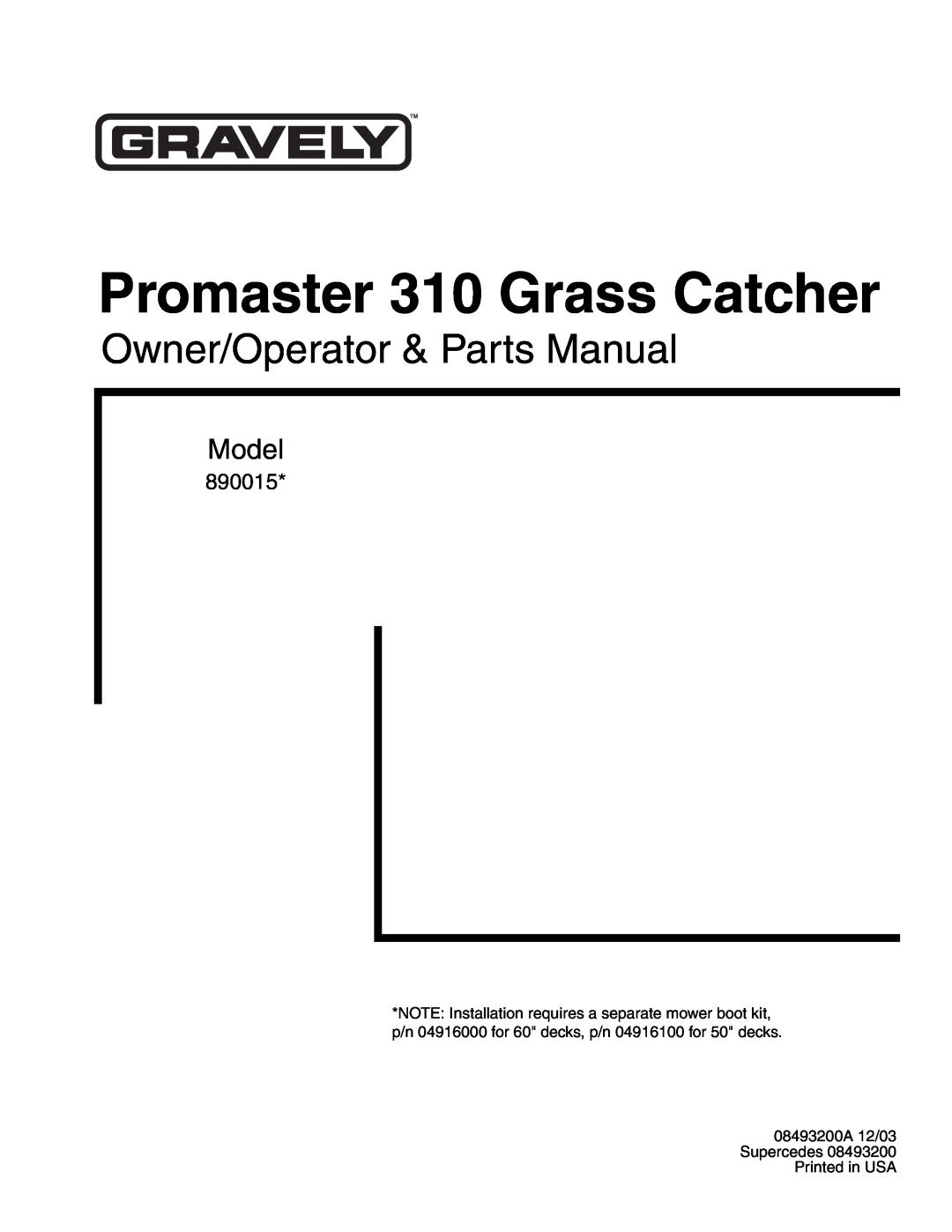 Gravely 890015* manual Promaster 310 Grass Catcher, Owner/Operator & Parts Manual, Model 