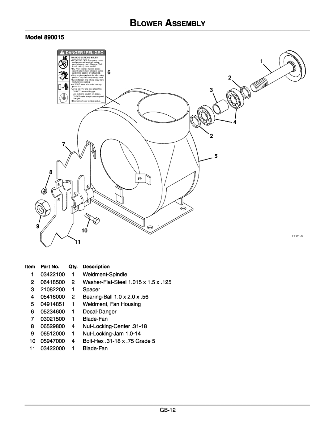 Gravely 890015* manual Blower Assembly, Model 