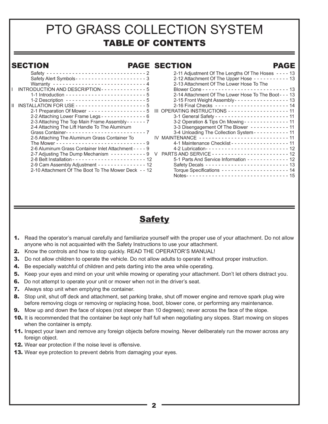 Gravely 89201800 manual PTO Grass Collection System, Table of Contents 