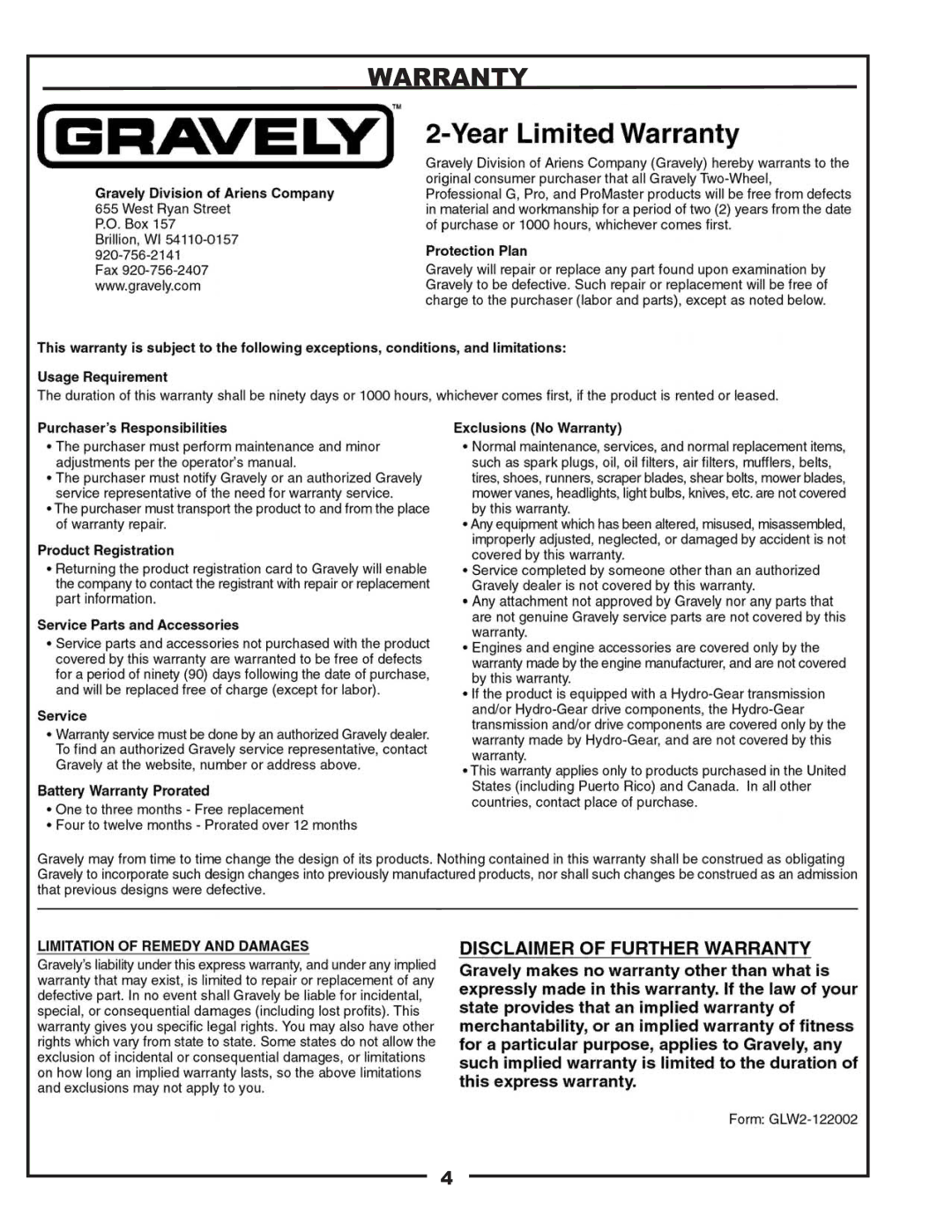 Gravely 89201800 manual Warranty 