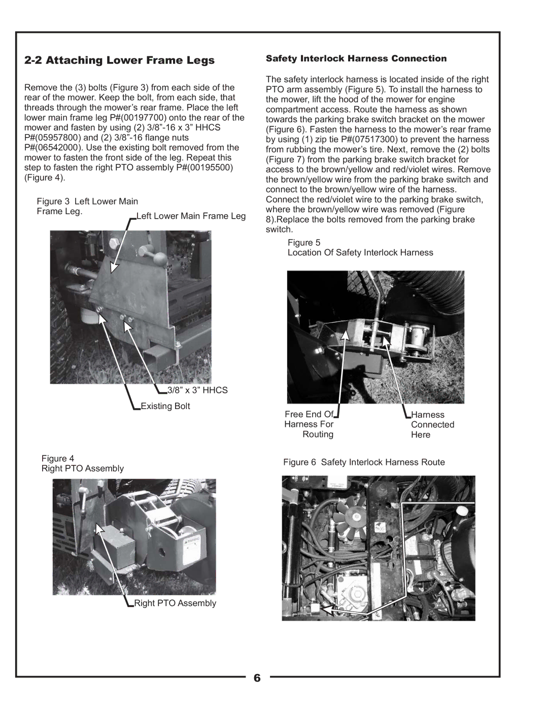 Gravely 89201800 manual Attaching Lower Frame Legs, Safety Interlock Harness Connection 