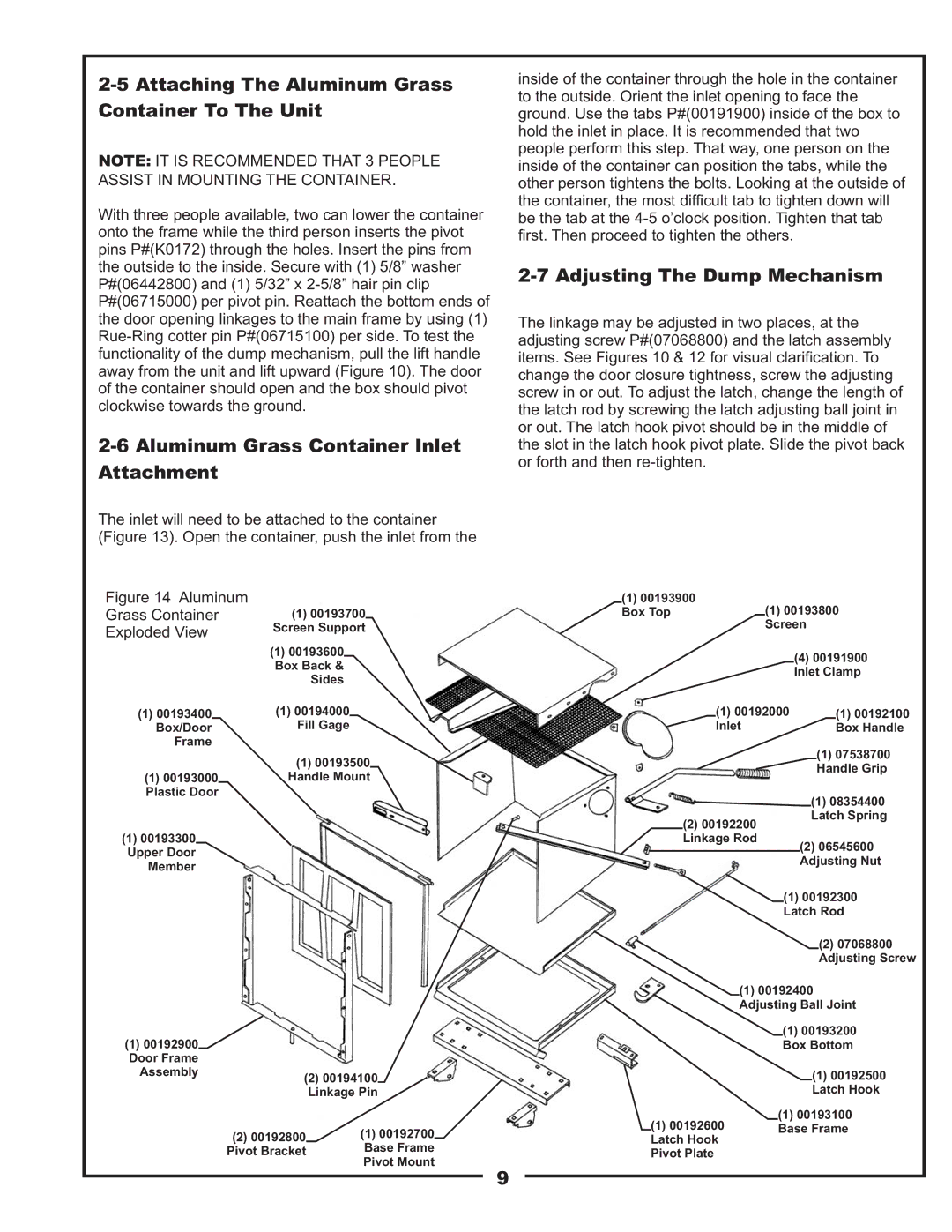 Gravely 89201800 manual Attaching The Aluminum Grass Container To The Unit, Aluminum Grass Container Inlet Attachment 