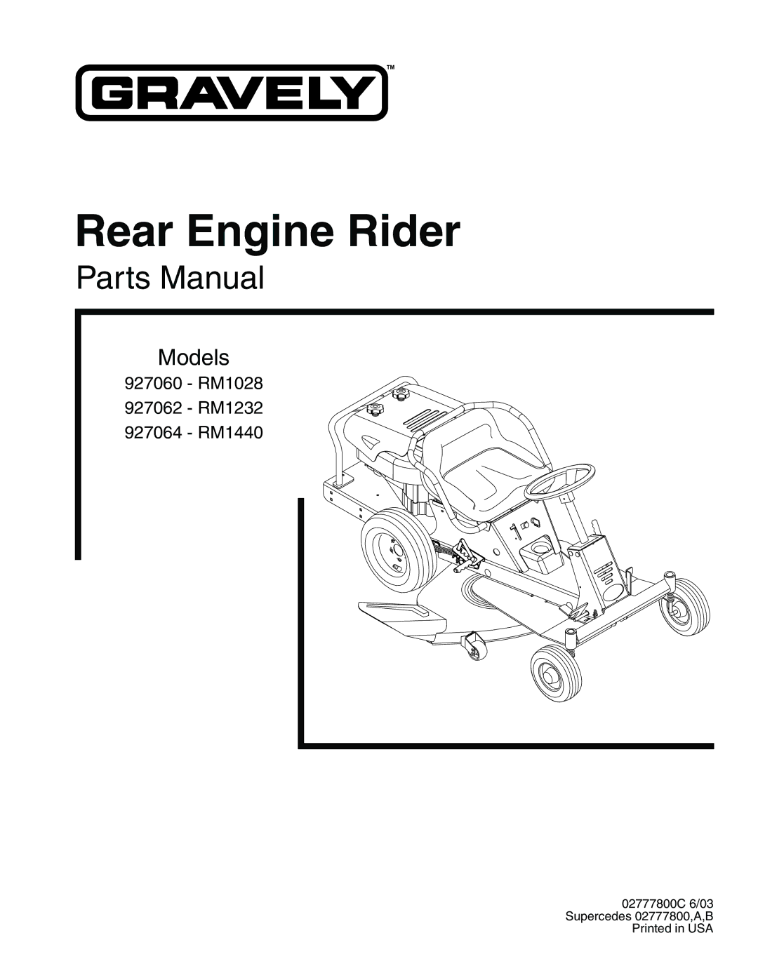 Gravely 927060 - RM1028, 927062 - RM1232, 927064 - RM1440 manual Rear Engine Rider 