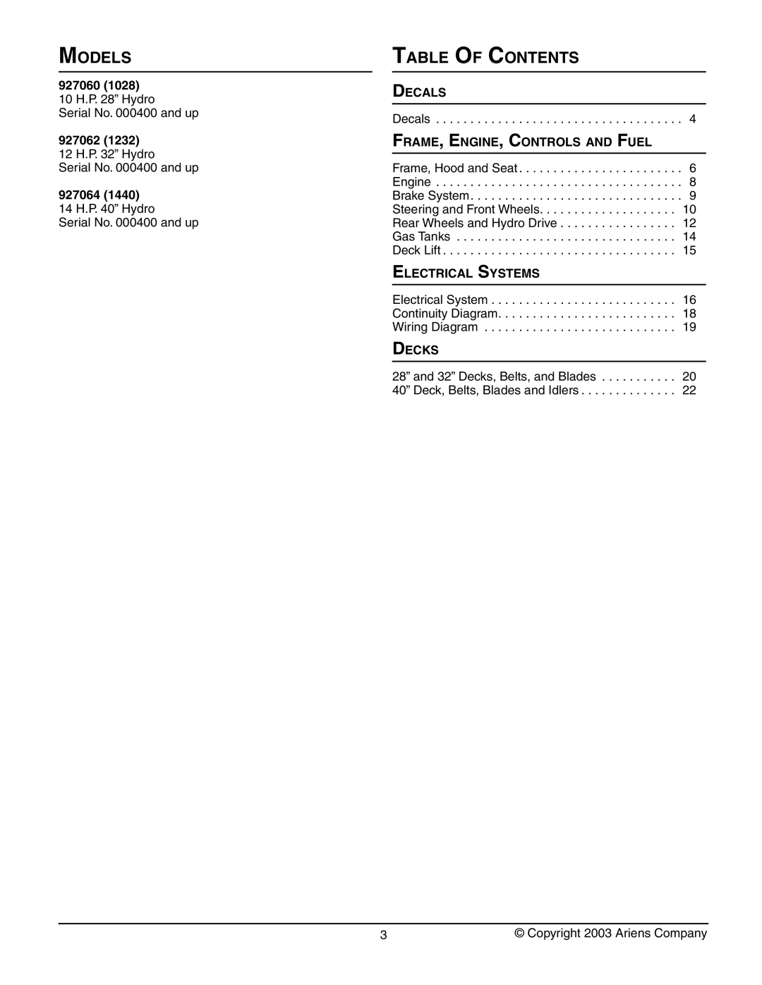 Gravely 927062 - RM1232, 927060 - RM1028, 927064 - RM1440 manual Models Table of Contents 