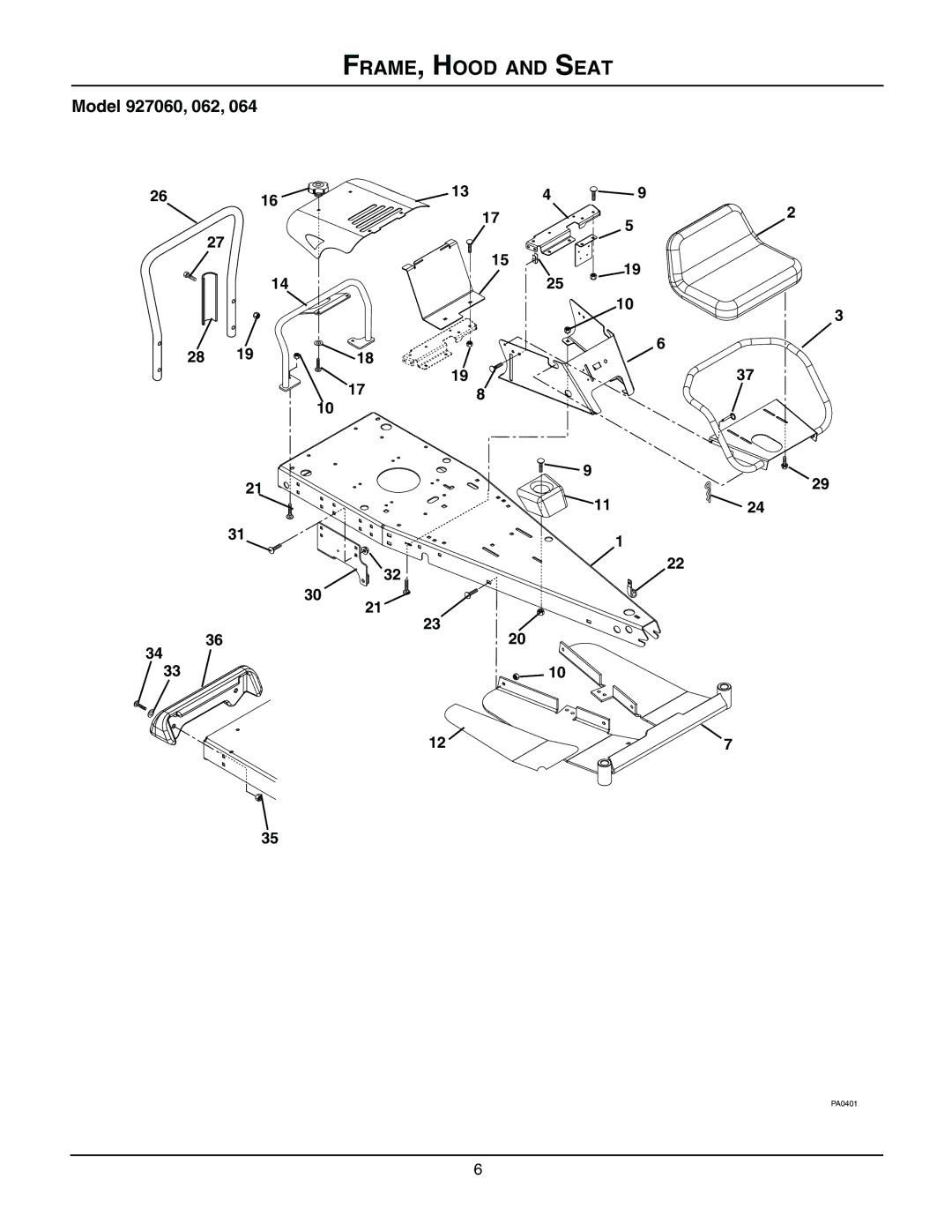 Gravely 927062 - RM1232, 927060 - RM1028, 927064 - RM1440 manual FRAME, Hood and Seat 