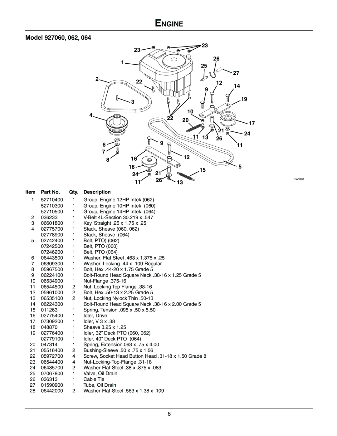 Gravely 927064 - RM1440, 927062 - RM1232, 927060 - RM1028 manual Engine 