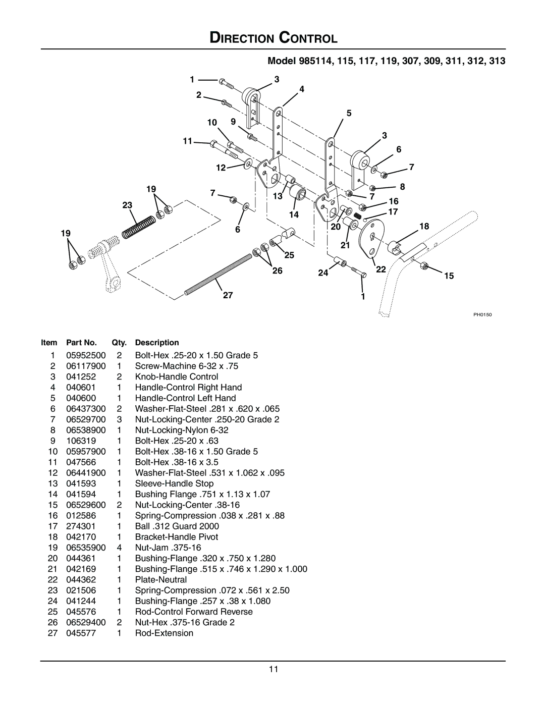 Gravely 985115, 985114, 985117, 985119, 985312, 985307, 985309, 985311, 985313, 08499200B manual Direction Control 