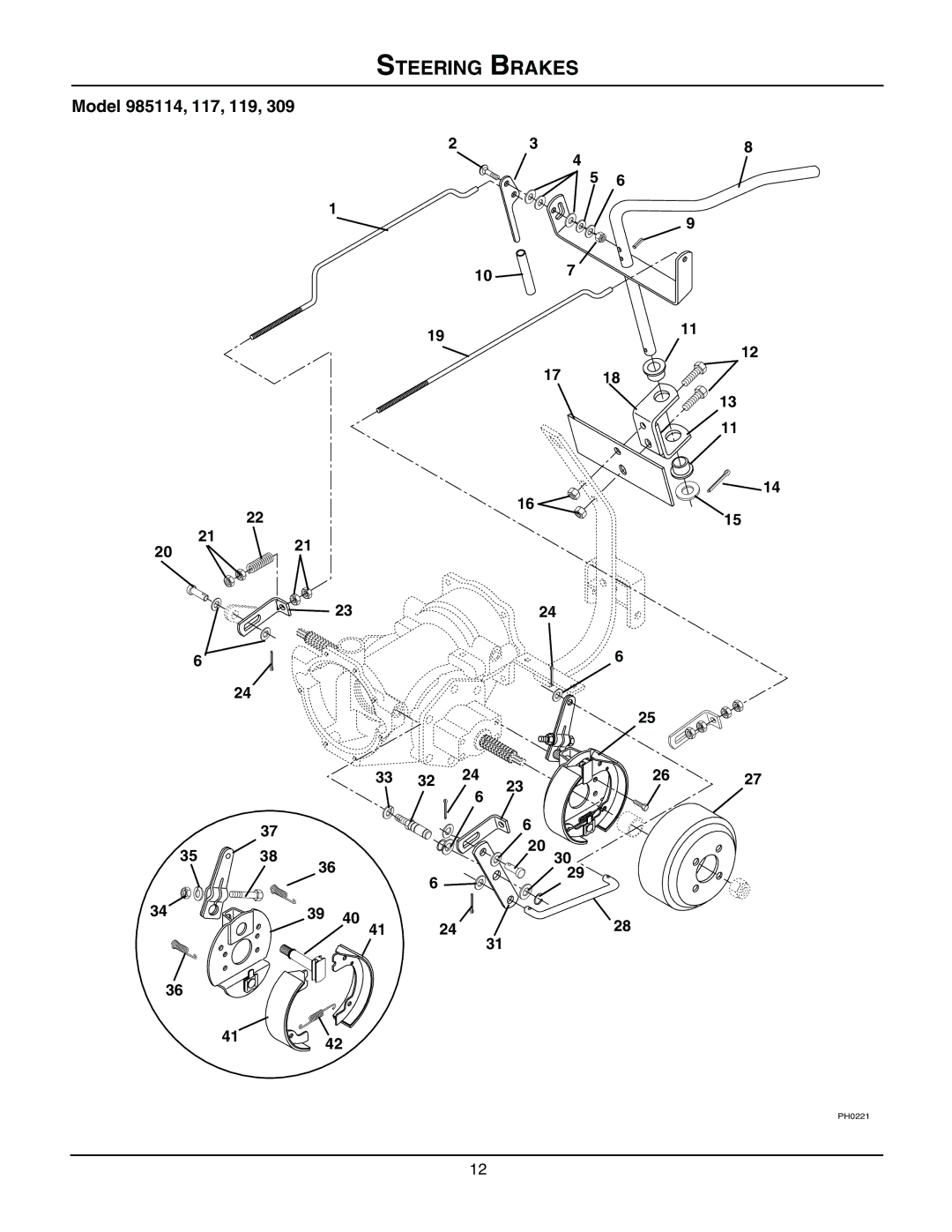 Gravely 985117, 985114, 985115, 985119, 985312, 985307, 985309, 985311, 985313, 08499200B manual Steering Brakes 