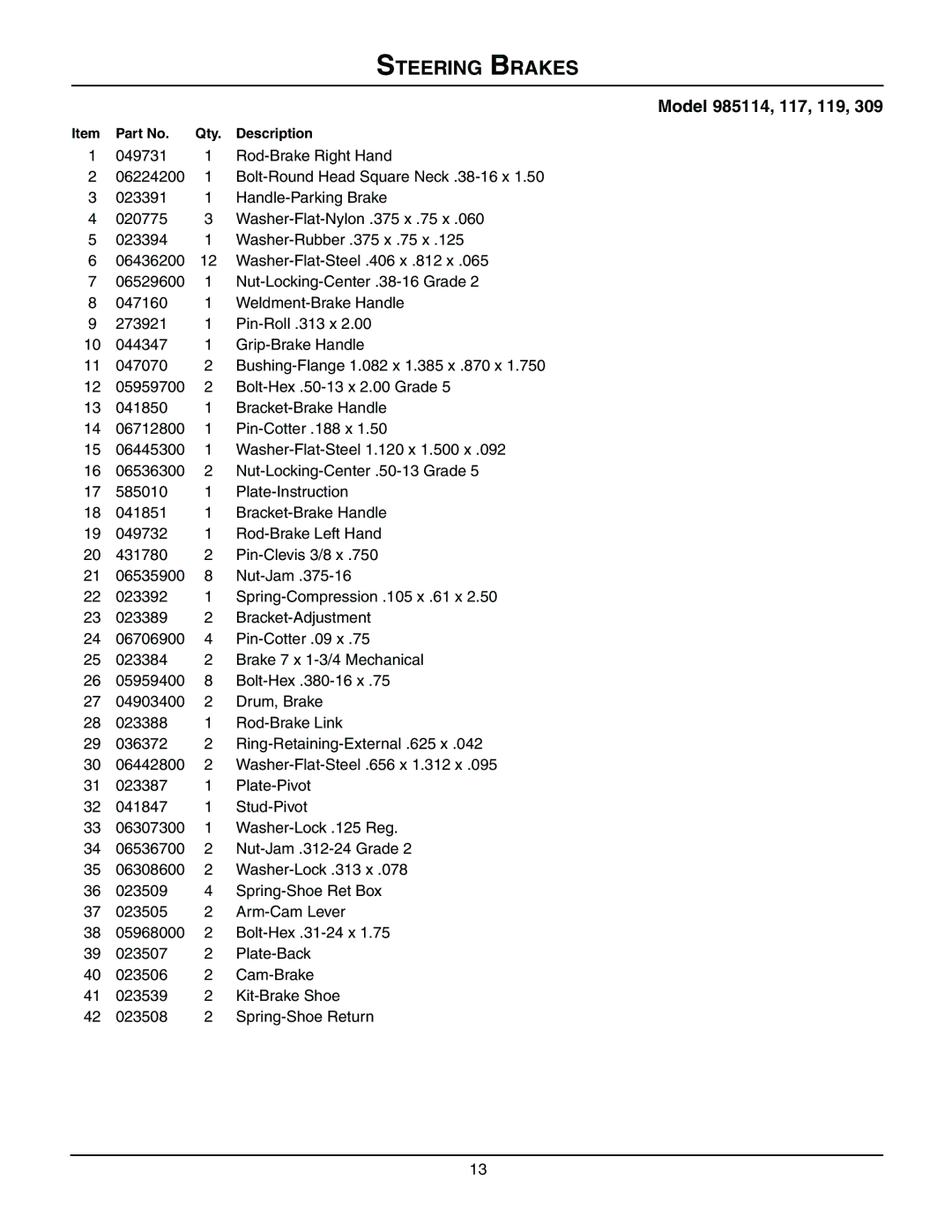 Gravely 985119, 985114, 985115, 985117, 985312, 985307, 985309, 985311, 985313, 08499200B manual Steering Brakes 