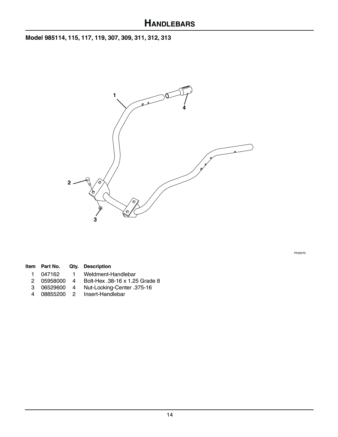 Gravely 985312, 985114, 985115, 985117, 985119, 985307, 985309, 985311, 985313, 08499200B manual Handlebars 