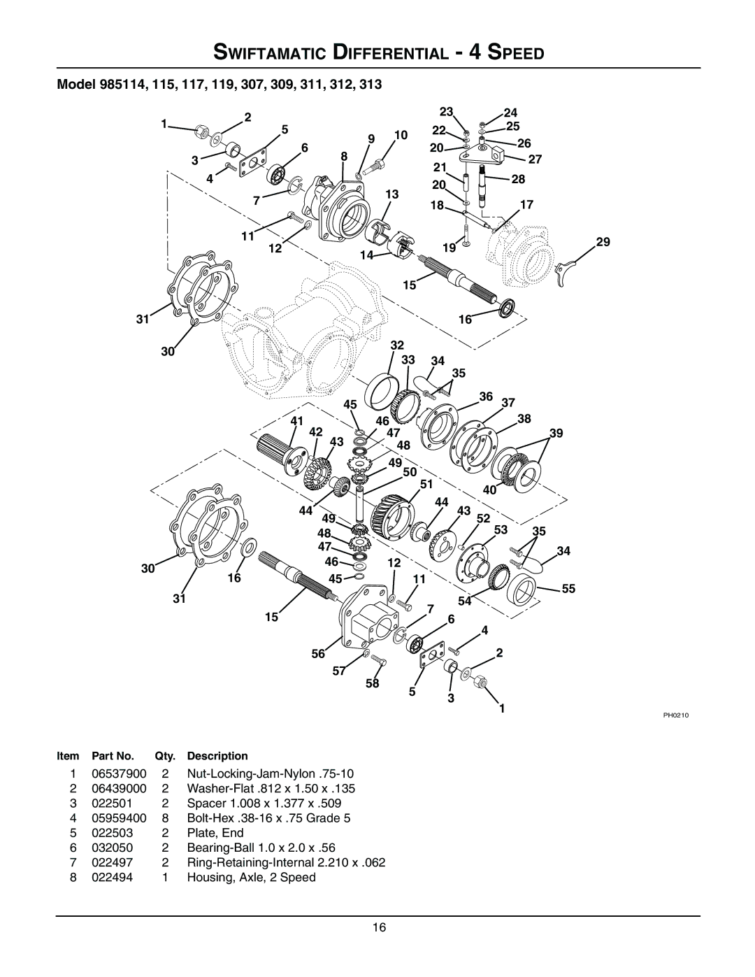 Gravely 985309, 985114, 985115, 985117, 985119, 985312, 985307, 985311, 985313, 08499200B manual Swiftamatic Differential 4 Speed 