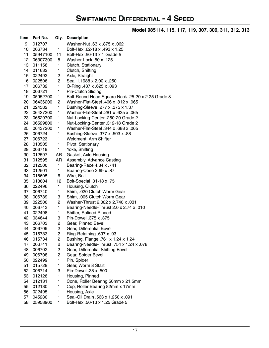 Gravely 985311, 985114, 985115, 985117, 985119, 985312, 985307, 985309, 985313, 08499200B manual Swiftamatic Differential 4 Speed 