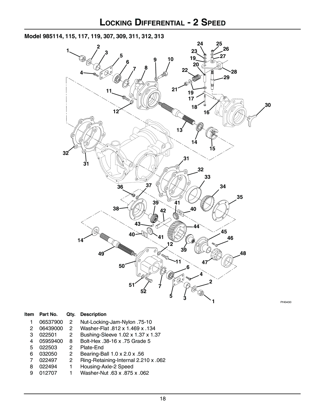 Gravely 985313, 985114, 985115, 985117, 985119, 985312, 985307, 985309, 985311, 08499200B manual Locking Differential 2 Speed 