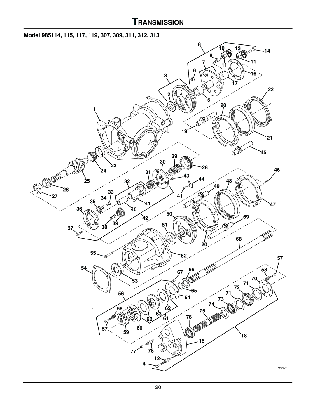 Gravely 985114, 985115, 985117, 985119, 985312, 985307, 985309, 985311, 985313, 08499200B manual Transmission 