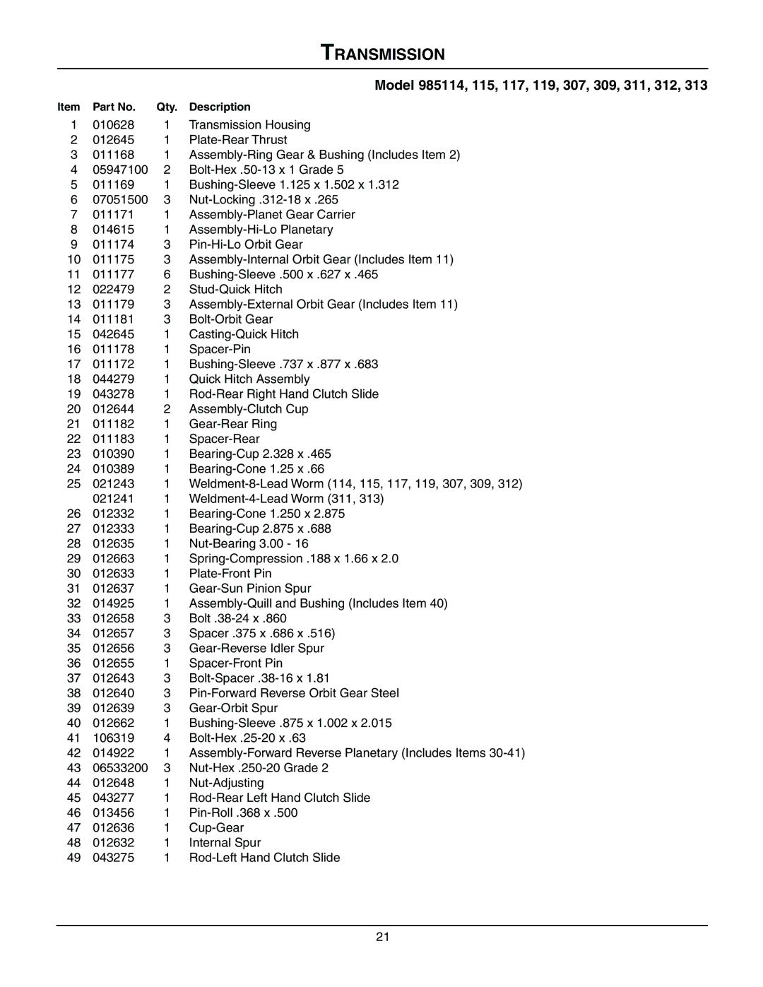 Gravely 985115, 985114, 985117, 985119, 985312, 985307, 985309, 985311, 985313, 08499200B manual Transmission 