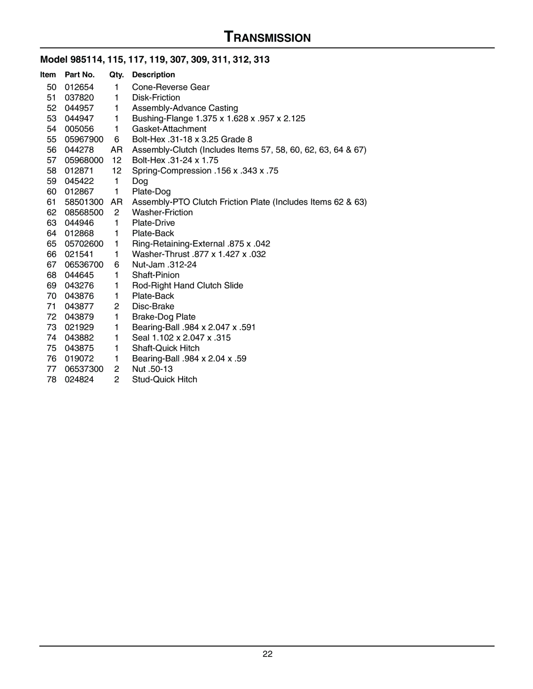 Gravely 985117, 985114, 985115, 985119, 985312, 985307, 985309, 985311, 985313, 08499200B manual Transmission 