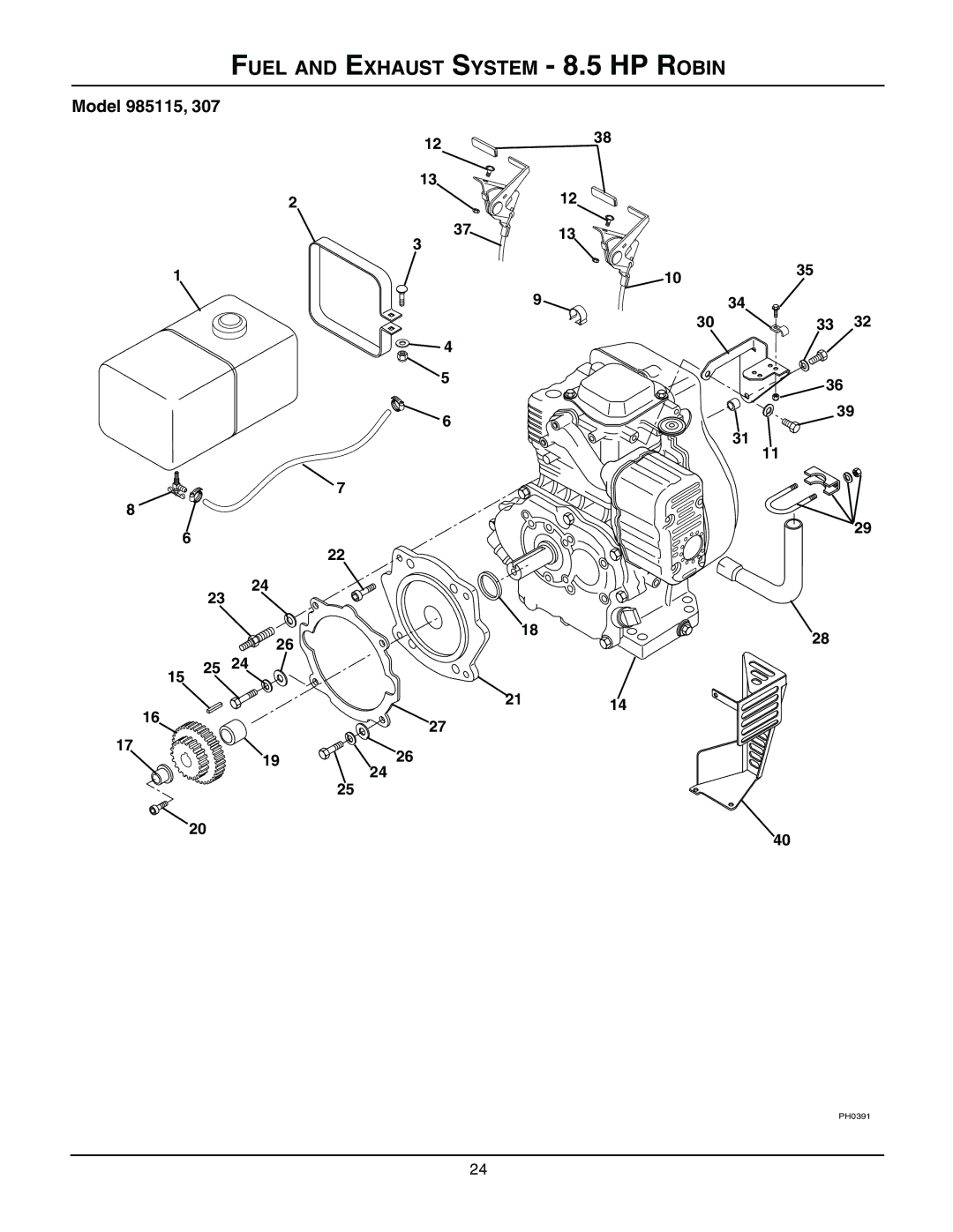 Gravely 985312, 985114, 985115, 985117, 985119, 985307, 985309, 985311, 985313, 08499200B Fuel and Exhaust System 8.5 HP Robin 