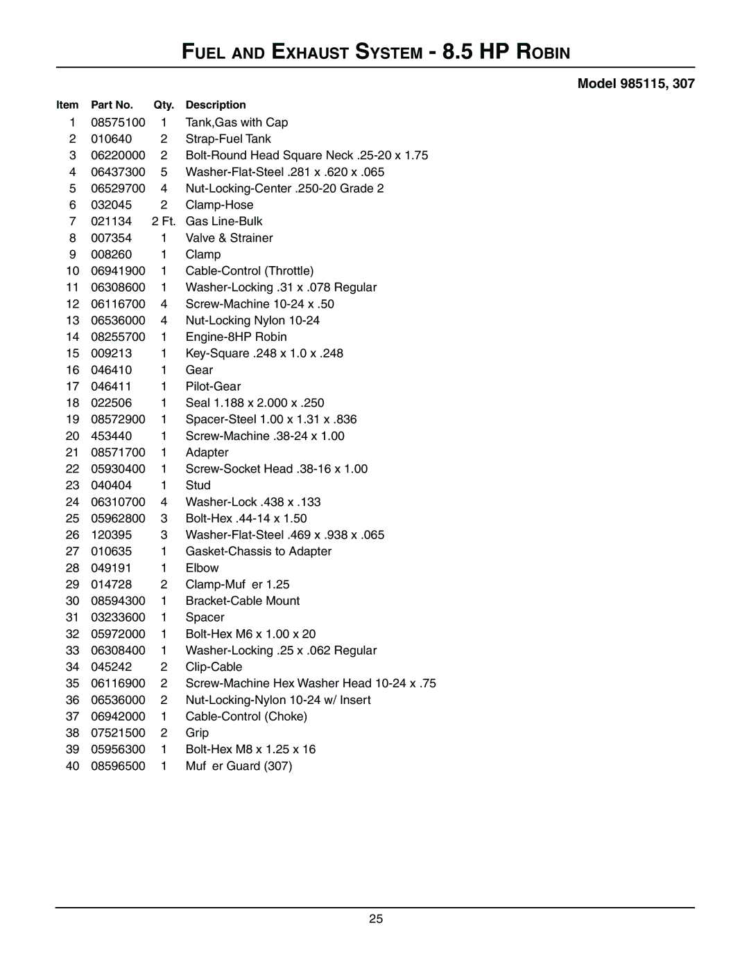 Gravely 985307, 985114, 985115, 985117, 985119, 985312, 985309, 985311, 985313, 08499200B Fuel and Exhaust System 8.5 HP Robin 