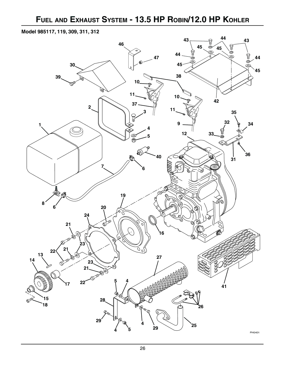 Gravely 985309, 985114, 985115, 985117, 985119, 985312, 985307, 985311 manual Fuel and Exhaust System 13.5 HP ROBIN/12.0 HP Kohler 