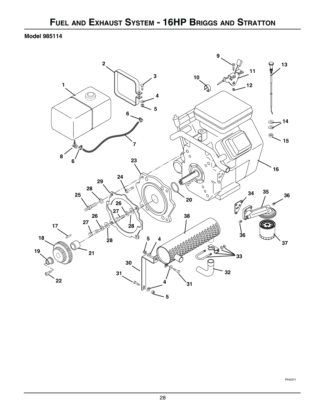 Gravely 985313, 985114, 985115, 985117, 985119, 985312, 985307, 985309, 985311 Fuel and Exhaust System 16HP Briggs and Stratton 